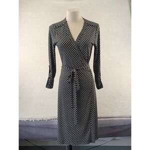 Calvin Klein Womens Black White Diamond Geometric Wrap Dress Long Sleeve size 4